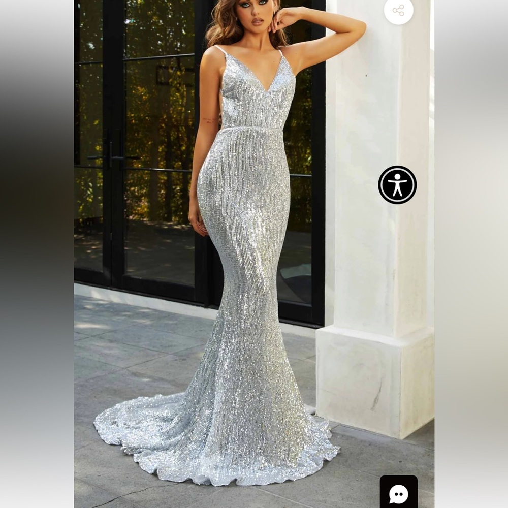 Holiday party dress Silver sequin gown prom dress XXS